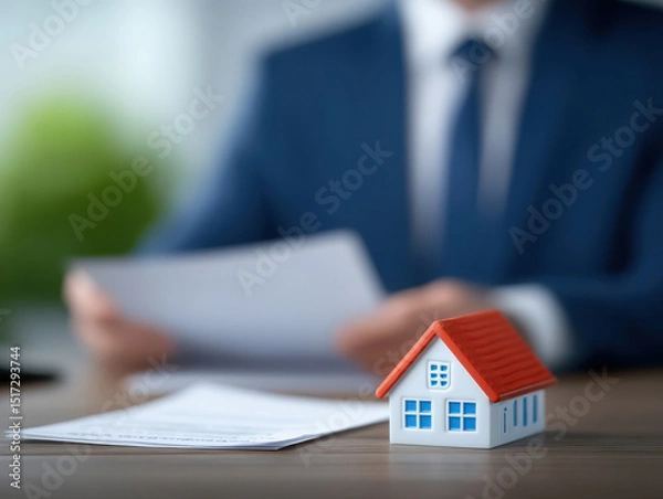 Obraz property loan mortgage qualification home concept. Miniature house model with documents in a business setting.
