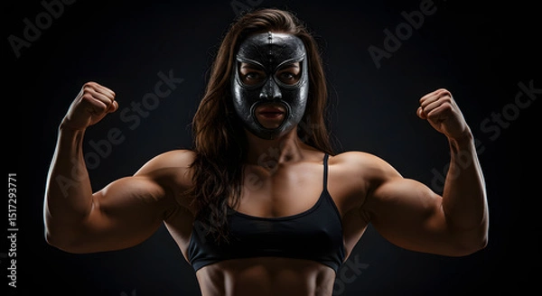 Fototapeta Female athlete with mask flexing muscles in dark setting