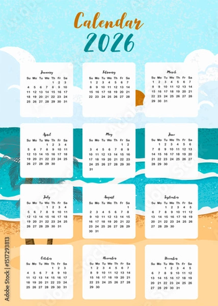 Obraz 2026 table monthly calendar week start on Sunday with beach that use for vertical digital and printable A4 A5 size
