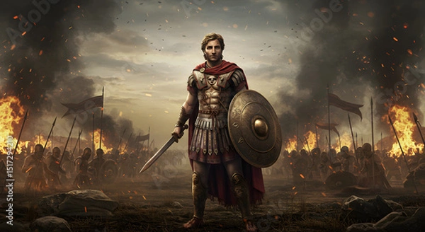 Fototapeta Ancient warrior with shield and sword in battlefield