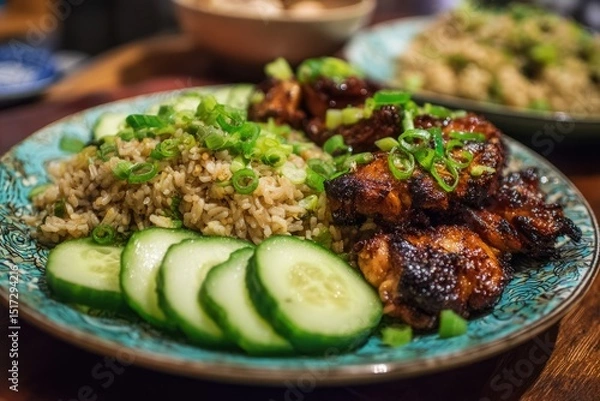 Fototapeta A teal plate holds a flavorful meal of glazed chicken pieces,  brown fried rice garnished with green onions, and sliced cucumbers.  The setting appears casual and home-cooked