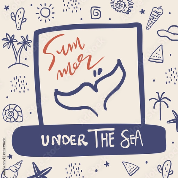 Obraz cute doodle summer background with shell,fish tail