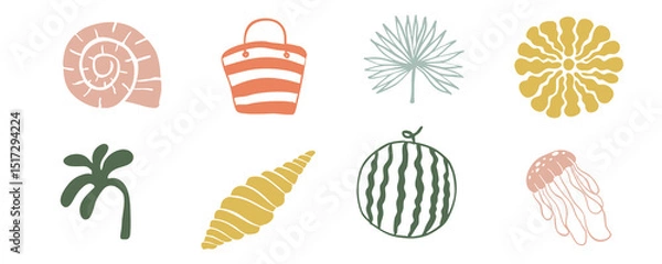Obraz summer beach element object with shell,sun,watermelon,tree