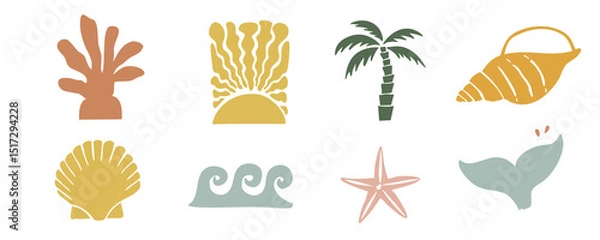 Obraz summer beach element object with shell,sun,wave,tail fish,tree