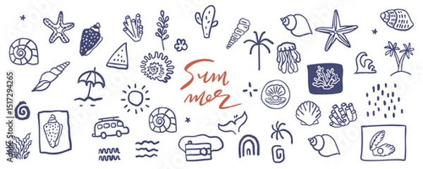 Obraz cute doodle summer icon with shell,coral,tree for kid design