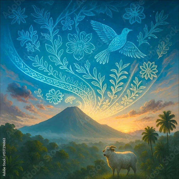 Obraz Illustration of Mount Lokon in Tomohon, North Sulawesi Indonesia, glowing under a surreal aurora painted with Minahasa Batik patterns. Indigenous flora and fauna motifs float across a silvery-blue sky