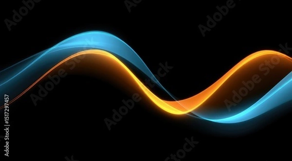 Fototapeta Abstract image of two luminous, flowing waves, one cyan and one amber, intertwining against a pitch-black background.  The waves are translucent and have a slightly blurred, ethereal quality