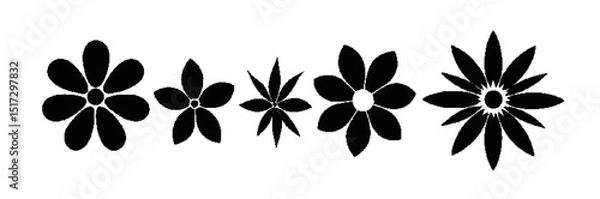 Fototapeta A set of 5 floral silhouette icons in a 1x5 layout, featuring solid black designs with sharp styles like layered petals and starburst patterns. Set on a transparent background, ideal for design