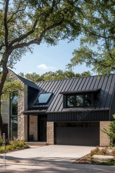 Fototapeta Contemporary residence featuring a stylish design, expansive windows, and an abundance of greenery, nestled in a vibrant, sunlit suburban community