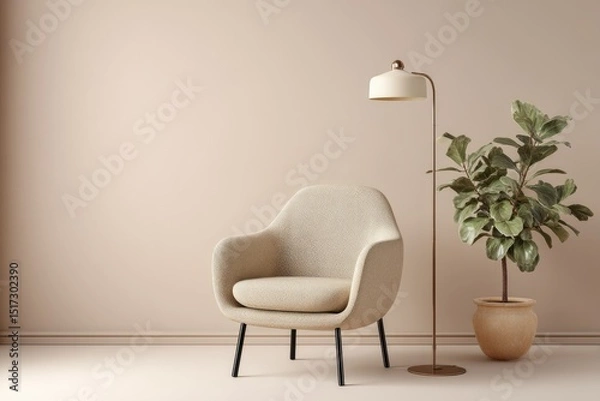 Fototapeta Minimalist beige room features a plush armchair, a floor lamp with a cream shade, and a fiddle-leaf fig in a terracotta pot against a muted pink wall