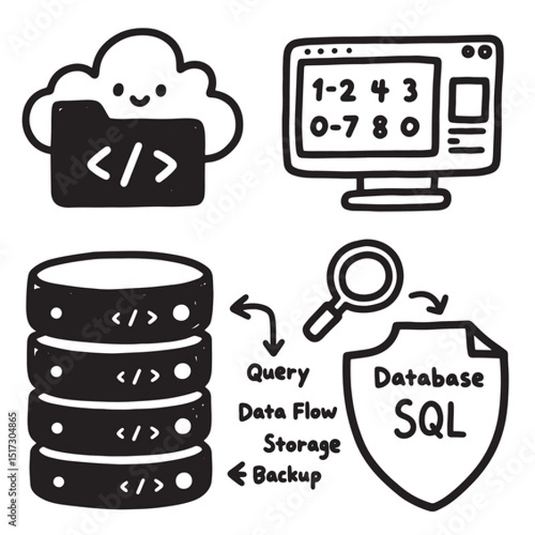 Obraz Cute Hand-Drawn Cloud Computing and Database Illustration