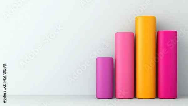 Fototapeta Colorful cylindrical objects arranged increasing height vibrant pink purple yellow and magenta plain white background minimalistic and modern design abstract art creative display smooth surface