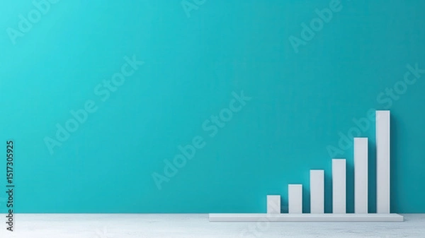 Fototapeta Image features white bar chart with increasing values from left to right on blue background, symbolizing growth or progress in minimal and clean style