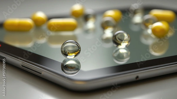 Fototapeta Closeup of modern smartphone with scattered yellow and white capsules on screen, creating contrast between technology and medicine, evoking themes of health and digital health management