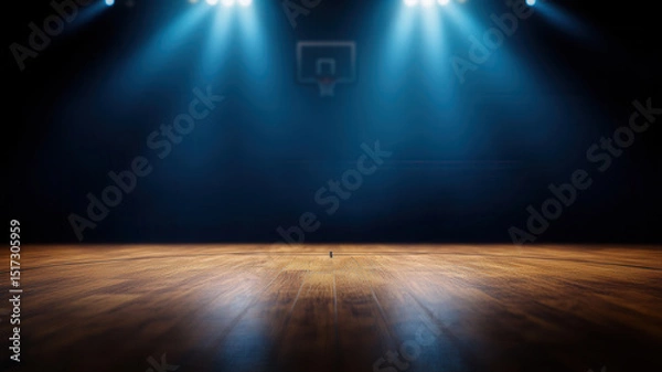 Fototapeta Dimly lit indoor basketball court with wooden floor and basketball hoop background, illuminated by blue and white spotlights creating dramatic atmosphere, perfect for sports or event photography