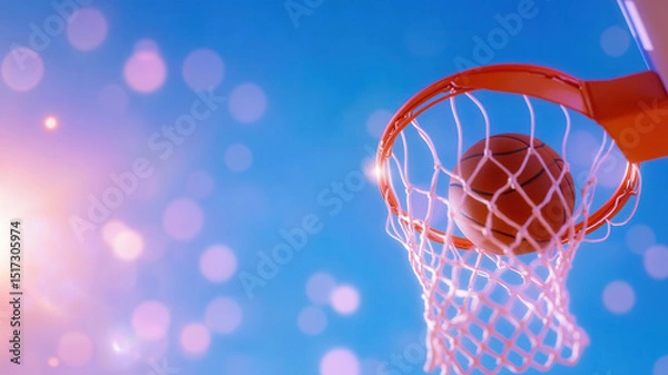 Fototapeta Closeup of basketball entering hoop during game, with bright blue sky and sunlight in background, creating vibrant and energetic scene