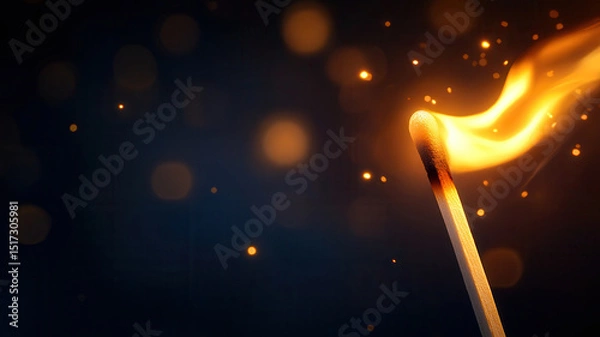 Fototapeta Closeup of burning matchstick with bright flame and glowing sparks, dark background creating dramatic and intense atmosphere, highlighting fire ignition and heat