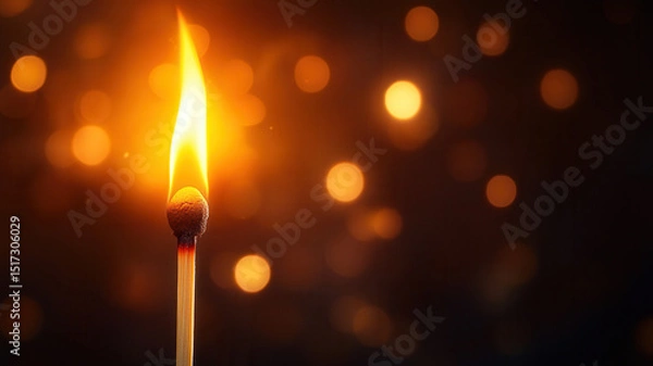 Fototapeta Close up of burning matchstick with bright flame and glowing embers, against dark background with bokeh light effects creating warm and cozy atmosphere
