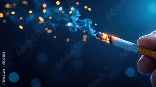 Fototapeta Close up of hand holding lit cigarette with burning tip and smoke rising, against dark background with bokeh light effects, capturing moment of ignition and smoke dispersal