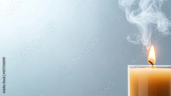 Fototapeta Closeup of burning candle with smoke rising soft background warm glow flickering flame wax illumination light relaxation ambiance serenity calm peaceful cozy indoor home decor flame wick heat glow