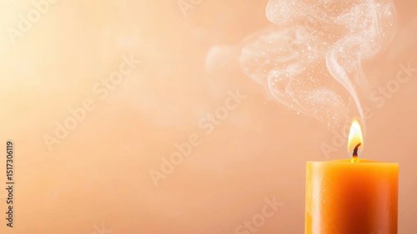 Fototapeta Closeup of burning candle with smoke rising warm background soft lighting peaceful atmosphere flickering flame melted wax calming scene ambient light cozy setting gentle glow relaxing mood