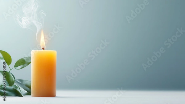Fototapeta Lit candle with smoke rising from flame, placed next to green leaves on white surface against soft blue background, creating calm and peaceful atmosphere