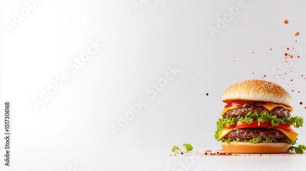 Fototapeta Close up of stacked beef burger with fresh vegetables and cheese on white background, with some spice or seasoning particles flying around, creating dynamic and appetizing scene