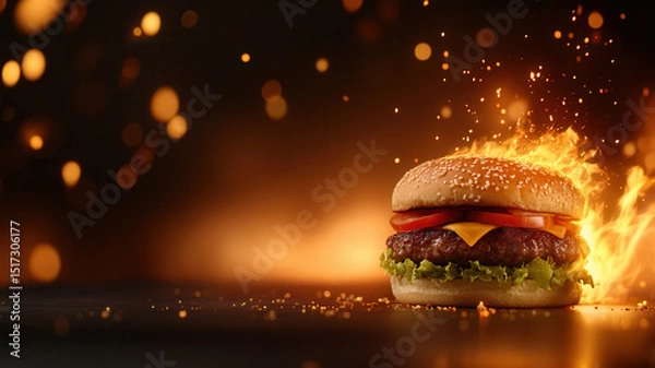 Fototapeta Juicy beef burger with lettuce, tomato, cheese, and sesame seed bun is set against fiery background with sparks and flames, creating dramatic and intense visual effect