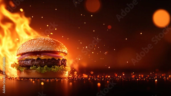 Fototapeta Closeup of juicy beef burger with lettuce, tomato, cheese, and onion in sesame bun, set against fiery background with flames and glowing sparks, evoking heat and intensity