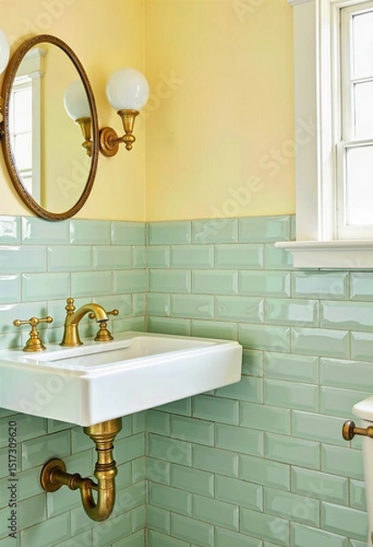 Fototapeta Enhance your bathroom with a vibrant design featuring refreshing mint green subway tiles, cheerful yellow upper walls, a classic wall-mounted sink with elegant brass fixtures