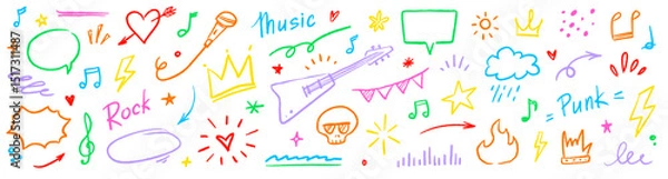 Fototapeta Music star doodle icon punk rock set. Hand drawn music sketch guitar, microphone, skull. Fun graffiti star shape doodle arrow, crown, speech bubble grunge decoration elements. Vector illustration