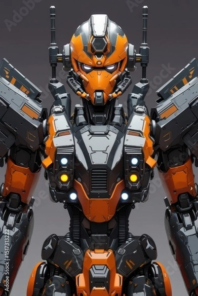 Fototapeta Futuristic Orange and Gray Mech Robot Front View


