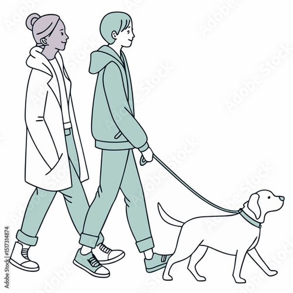 Obraz A charming couple strolls with their dog a delightful line art graphic perfect for branding websites or app design showcasing a peaceful walk a friendly canine companion and stylish apparel