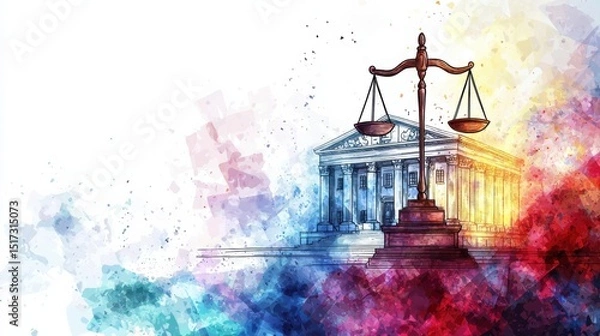 Fototapeta Vibrant watercolor illustration of a balanced scale symbolizing justice and law in front of a classical courthouse building with colorful splashes and artistic effects