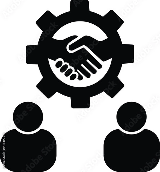 Fototapeta Joint venture strategy icon. Business affiliate program sign. Business collaboration and joint venture symbol. Teamwork and Partnership icon in gear logo. flat style.