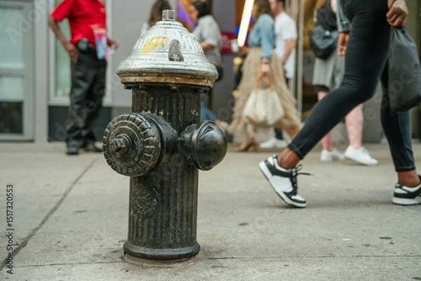 Obraz Fire hydrant stands in focus as a crowd walks by on the city sidewalk. Urban moment captured in motion.