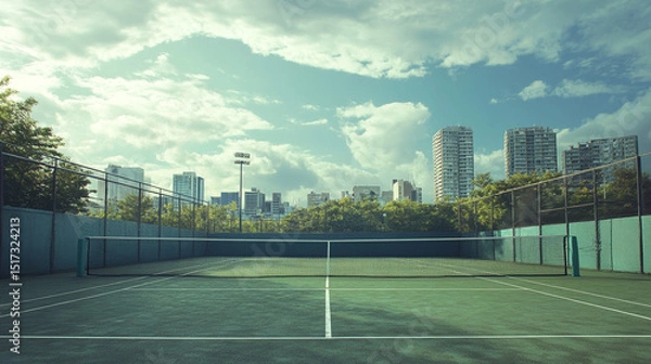 Fototapeta Empty Tennis Court Surrounded by Urban Skyscrapers Under Clear Blue Sky. The setting depicts tranquility and urban recreation, ideal for health, sports, and outdoor-themed concepts.
