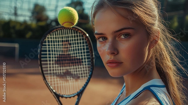Fototapeta Focused Tennis Player Holding Racket with Ball on Sunlit Clay Court. A young tennis player on a clay court, holding a racket with a ball, exuding concentration and determination.