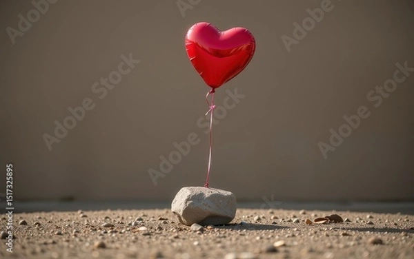 Fototapeta Seduction expressive concept. A heart-shaped balloon anchored by a stone on a textured surface.