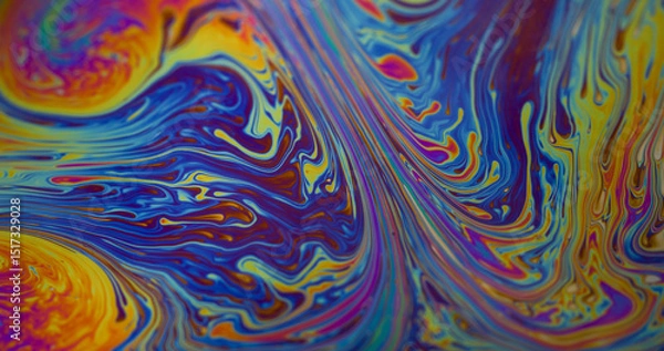 Fototapeta Wave blend. Bubble liquid. Blur yellow green blue color ink flowing pink red stains floating on abstract round oil wet background.