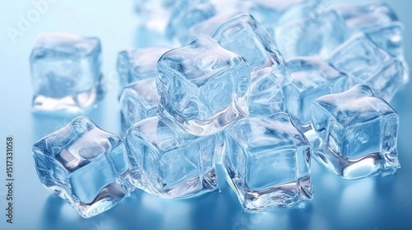 Fototapeta Close-up of Ice Cubes on a Light Blue Surface