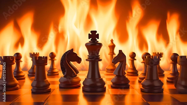 Fototapeta Chess in burning flame,strategy plan and solution.Trick solving