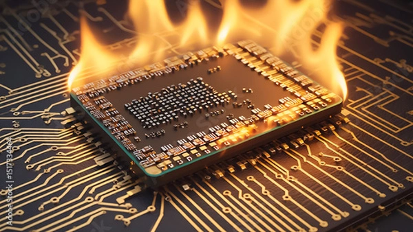 Fototapeta Circuit chips with burning flames.New generation of chips and electronic hardware