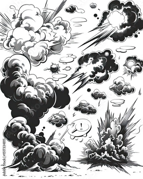 Obraz Explosive comic book illustration depicting billowing smoke clouds and dynamic action lines capturing intense dramatic