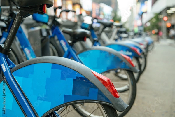 Obraz Shared Bikes stationed on a busy New York street. A sustainable transport option for locals and tourists.