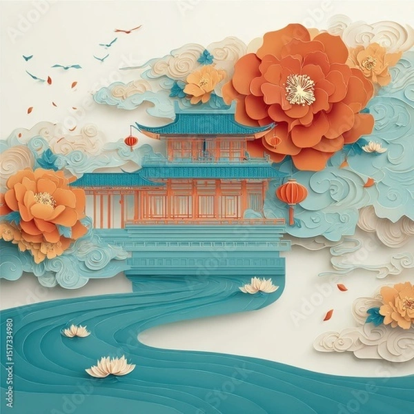 Fototapeta Paper Cut Chinese Architecture Scene with Flowers and Clouds
