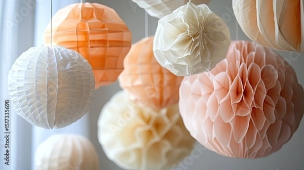 Obraz Delicate pastel paper lanterns suspended in air celebrating a whimsical springtime party with soft ambient light and