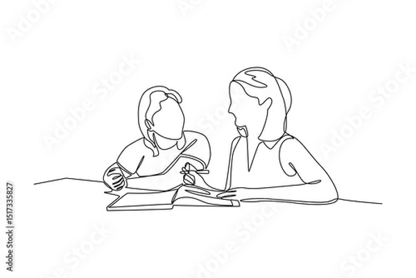 Obraz Continuous line drawing of two students studying together at school or college