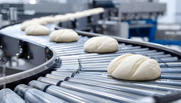 Fototapeta Efficiently automated bread production on a conveyor belt in a modern bakery setting with dough balls preparing for baking.