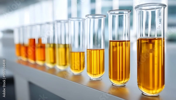 Fototapeta Colorful liquid samples in glass test tubes on a laboratory table showcasing varying shades and compositions.